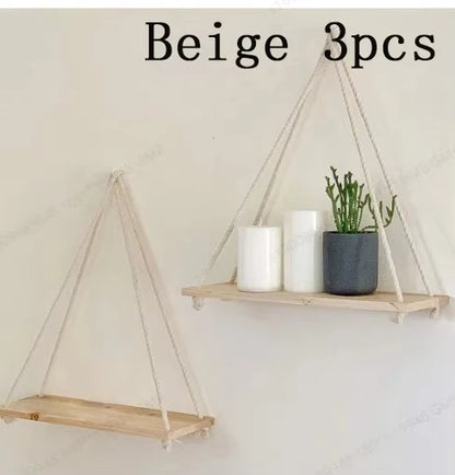 Wooden Swing Shelf with Hemp Rope